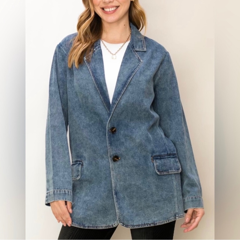 Blue Medium Wash Button Front Denim Jeans Jacket